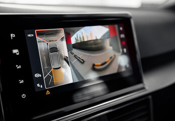360 degrees surround parking cameras in a car. Top down view mode showing picture from four cameras...