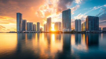 Fototapeta premium Miami Skyline Sunset: Golden Hour Reflection