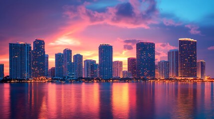 Fototapeta premium Miami Skyline Sunset: A Vibrant Cityscape at Dusk