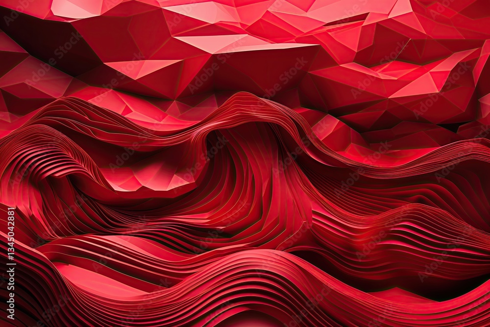 Poster dynamic red artistic background featuring polygonal shapes and flowing waves