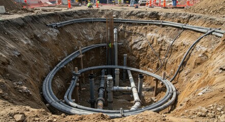 Underground pipework installation on construction site featuring complex network of industrial piping