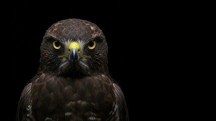 Obraz premium A close-up portrait of a dark bird of prey, possibly a hawk or eagle, against a black background.