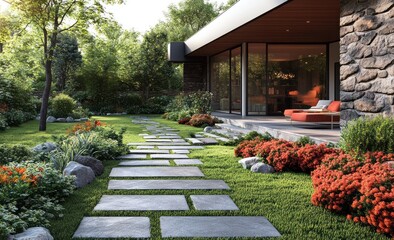 Obraz premium Modern home garden pathway, stone patio, sunlit backyard