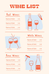 Wine list menu template with hand drawn doodle style illustrations of red, white and rose wines for restaurants