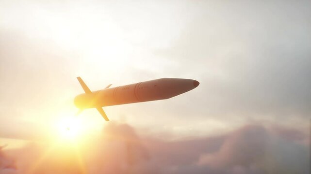 military nuclear missile fly over clouds.