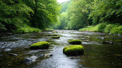 Obraz premium A Gentle Stream Flows Through A Lush Green Forest With Moss Covered Rocks Reflecting Sunlight Across The Water