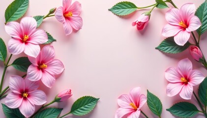 Delicate pink flowers and leaves on a seamless background, pattern, simple