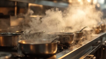 Steam rises from pots on a commercial stove in a restaurant kitchen. It can showcase cooking, food industry, or restaurant concepts.