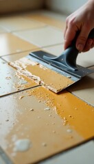 Detail of rubber trowel spreading grout on tiles, tools, repairing, mosaic