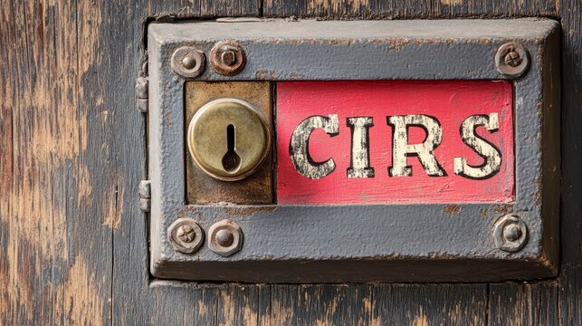 Vintage lock with inscription CIRS on wooden door