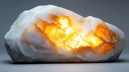 Polished alabaster stone glowing faintly with soft amber undertones woven into white textures