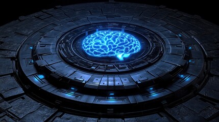 A Glowing Futuristic Brain Displayed on an Artificial Platform
