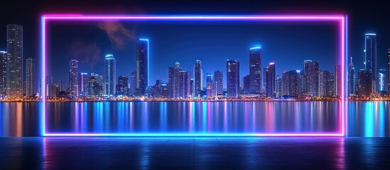 A Futuristic Neon Framework Framing a Cityscape at Night