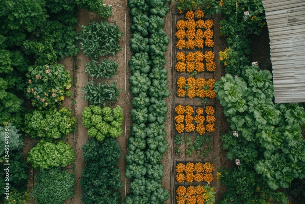 Poster aerial view shows a diverse vegetable garden with neat rows of various crops. use this fresh image f