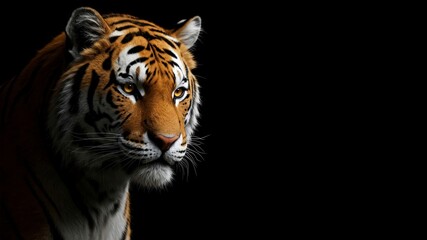 Naklejka premium Portrait of a Tiger on a black background, emphasizing its powerful and majestic appearance. Ideal for wildlife, big cat, and predator content.
