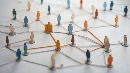 The male man's finger touching the colorful female and male figurine icon display. Networking concept, vertical