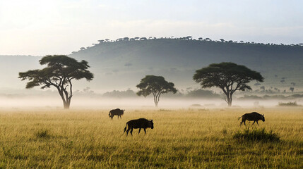 Fototapeta premium Serengeti landscape with wildebeests grazing in the misty morning light under acacia trees