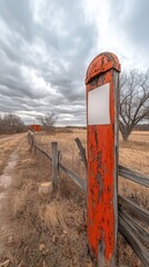 An orange post with a fence on a cloudy country landscape