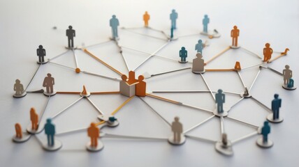 The male man's finger touching the colorful female and male figurine icon display. Networking concept, vertical