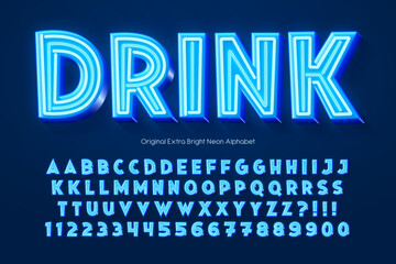 Neon light multicolored alphabet, retro-futuristic comic type.
