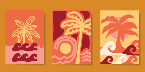 Abstract summer poster vector. Minimal hand drawn wallpaper design with coconut tree, sun, sea, mountain, beach. Ocean painting for summer season, wall decoration, interior, background.