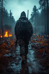 Soldier navigating through a smoky forest landscape during a nighttime operation amid fiery destruction