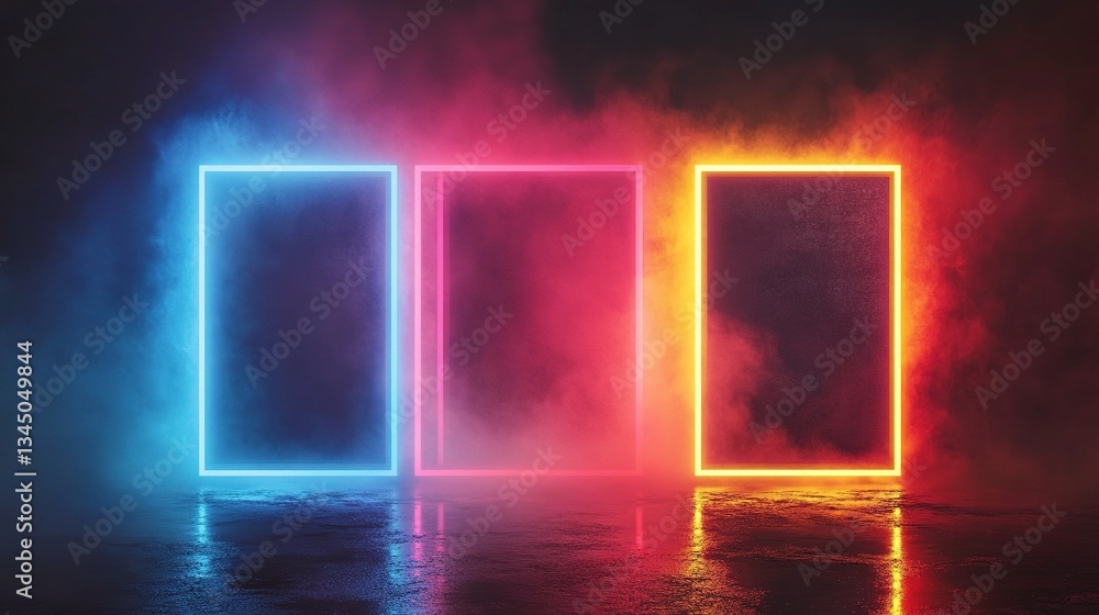 Poster futuristic digital concept with floating neon frames and fog effects