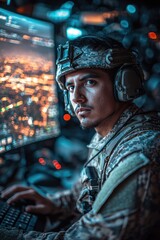 Soldier monitors urban landscape from command center during night operation