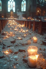 Devastation in the cathedral with shattered glass and flickering candles illuminating the path