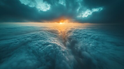 Cloudy view. Sun beams breaking through horizon, with dark blue sky above