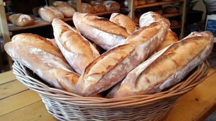 A basket filled with freshly baked French baguettes at an artisan bakery, surrounded by flour-dusted countertops and wooden shelves lined with various bread loaves. The scene feels warm and inviting.