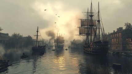 Sailing Ships at Dawn in a Misty Harbor