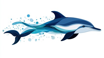 Fototapeta premium A dolphin gracefully glides through water, its sleek body adorned with shimmering bubbles on its back and tail elegantly emerging from the surface