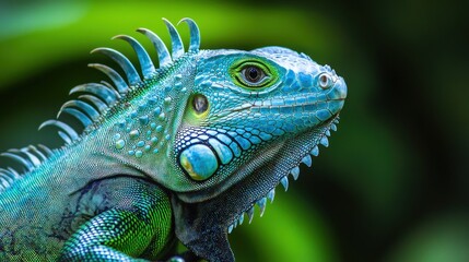 Obraz premium Close-up of a green and blue iguana with a detailed texture of scales and spines, set against a blurred green background