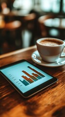 Coffee, tablet showing graphs, on wood table in blurred cafe background