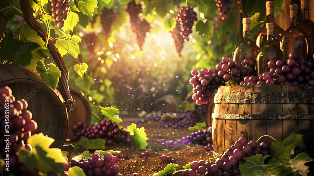 Poster Explore lush grape vines with wine bottles nestled among barrels in a vibrant winery setting at sunset Generative AI