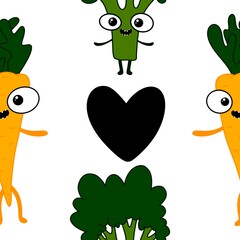 Cartoon food seamless broccoli and carrots pattern for wrapping paper and fabrics and linens and kids clothes print