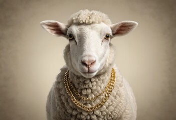 Obraz premium a small sheep, wearing a gold elegant chain. The background is a muted, neutral color, enhancing the subject's features.