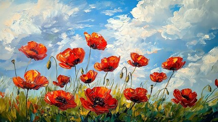Obraz premium Red Flowers Field with Blue Sky & Clouds