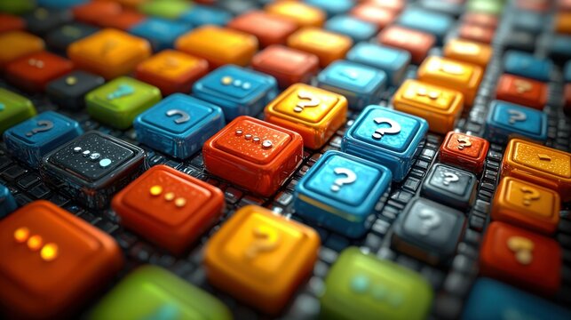 Colorful, 3D rounded square icons show question marks and ellipsis on a grid