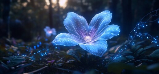 Enchanted blue blossom in a mystical forest, bathed in soft light