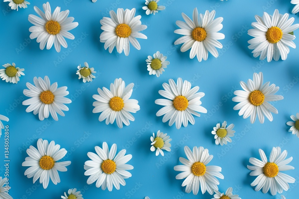 Poster chamomile flowers arranged in a symmetrical pattern on a vibrant blue background for spring and summ