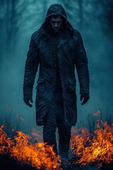 Dark figure walks through flames in a desolate forest at twilight evoking a sense of mystery and danger