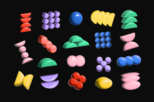 Abstract 3D geometric Y2K Brutalist shapes. Bold brutalist forms blend with playful colorful triangles, circles, abstract forms for posters, covers, backgrounds