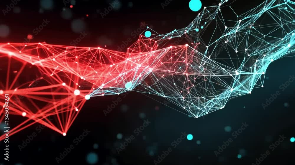 Poster abstract network data stream: intertwined red and blue digital flow
