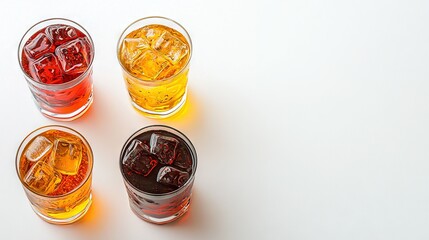   Four glasses of diverse beverages on a white background with iced cubes