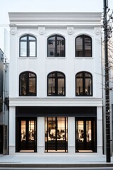 Modern architectural design of a stylish retail shop in an urban setting showcasing large arched windows and a minimalist facade during late afternoon