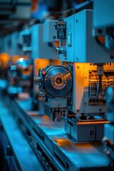Fototapeta premium Advanced machinery operating in a factory setting with intricate details illuminated by soft lighting
