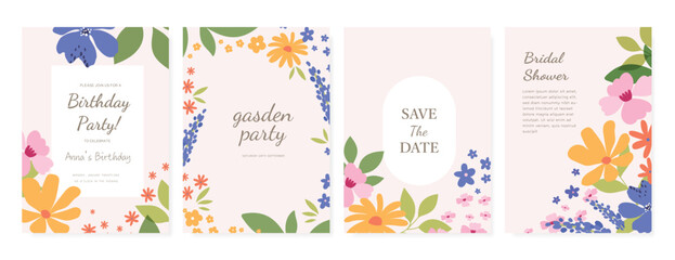 Spring  Floral  invitation card background vector. Minimal hand drawn botanical flowers template background. Design illustration for wedding, vip cover, poster, rsvp modern card, birthday party.