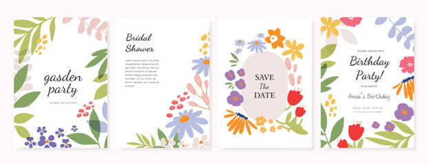 Spring  Floral  invitation card background vector. Minimal hand drawn botanical flowers template background. Design illustration for wedding, vip cover, poster, rsvp modern card, birthday party.